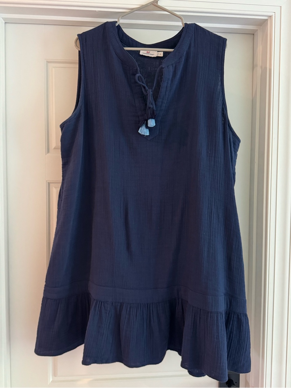 Vineyard Vines Navy Sleeveless Tassel Ruffle Hem Dress